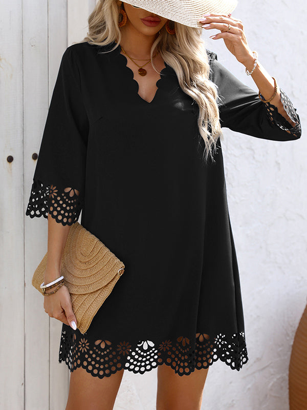 Hollow Solid Color A-Line Loose V-Neck Mini Dresses