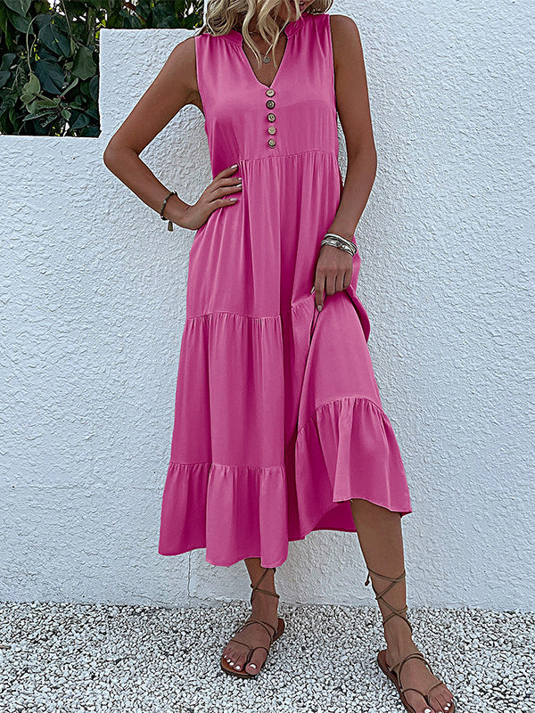 Pleated Split-Joint Loose Sleeveless V-Neck Midi Dresses