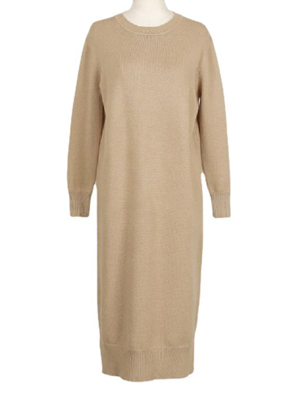 Urban Long Sleeves Loose Split-Side Solid Color Round-Neck Sweater Dresses