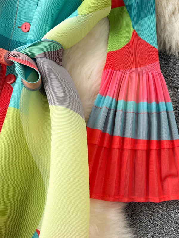 Belted Contrast Color Pleated Flared Sleeves Loose Midi Dresses