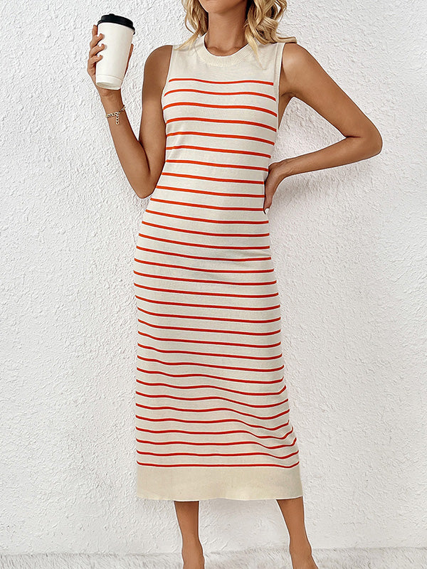 Striped Loose Sleeveless Round-Neck Midi Dresses Knit Dresses