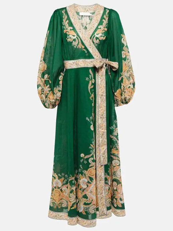 Flower Print Patchwork Bandage V-Neck Maxi Dresses