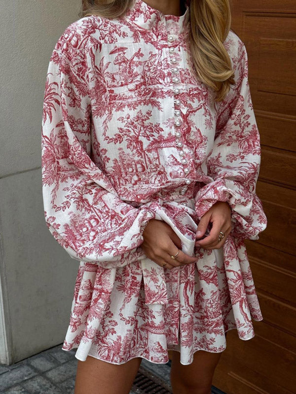 Pleated Printed Split-Joint Tied Waist Loose Puff Sleeves Stand Collar Mini Dresses