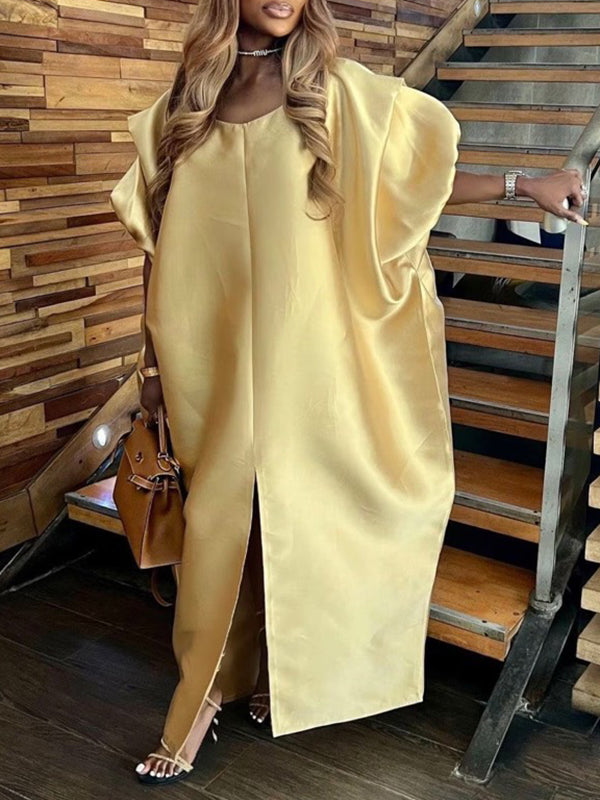 Elasticity Pleated Solid Color Split-Front Half Sleeves Loose V-Neck Maxi Dresses