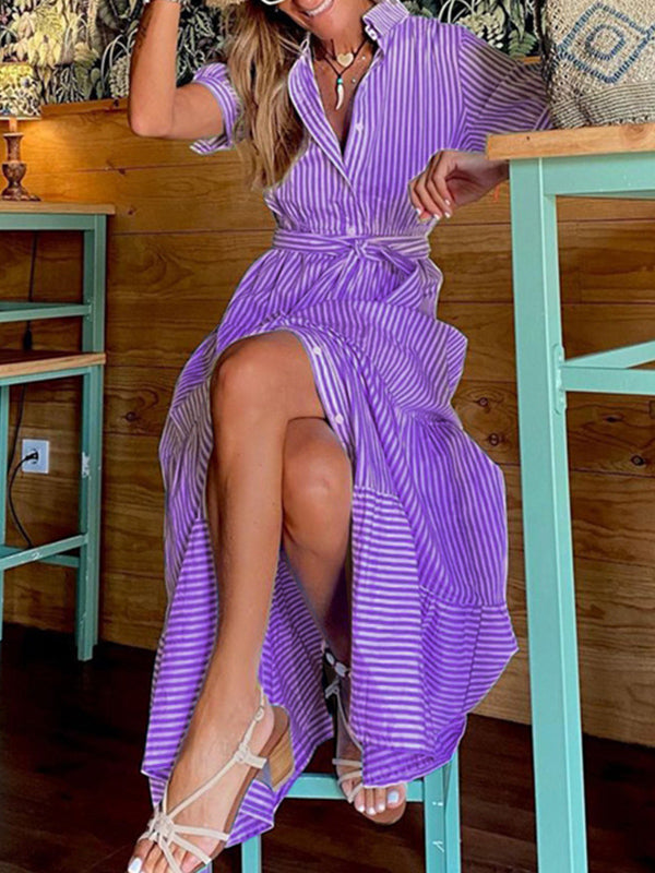 Striped Loose Short Sleeves Lapel Maxi Dresses