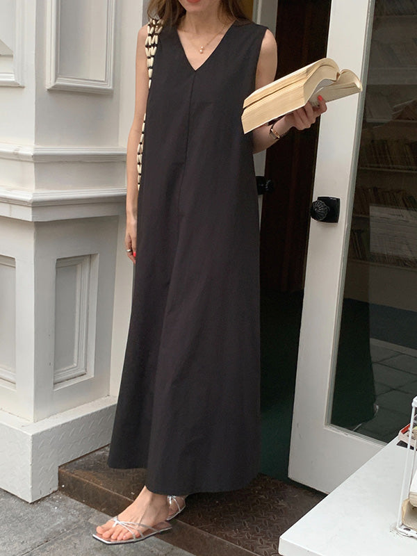 Solid Color Loose Sleeveless V-Neck Midi Dresses