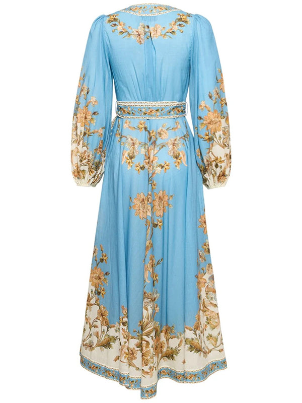 Flower Print Patchwork Bandage V-Neck Maxi Dresses