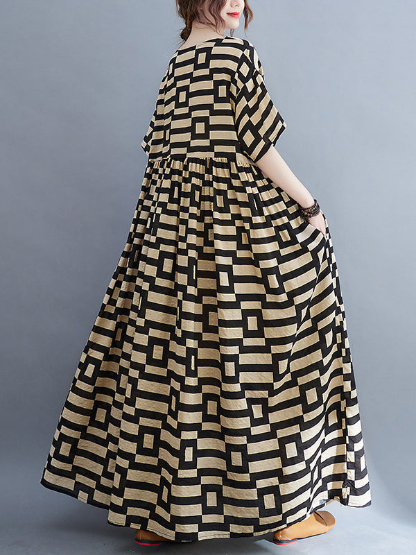 Plaid Loose Short Sleeves Round-Neck Midi Dresses