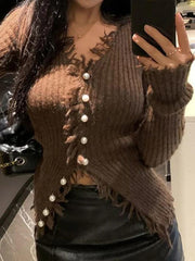 Solid Rib V Neck Frayed Trim Knit Cardigan