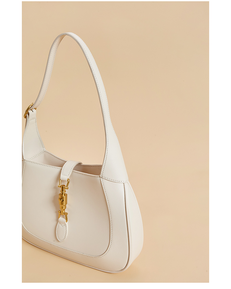 White Classic Curved Leather Handbag with Signature Buckle Closure