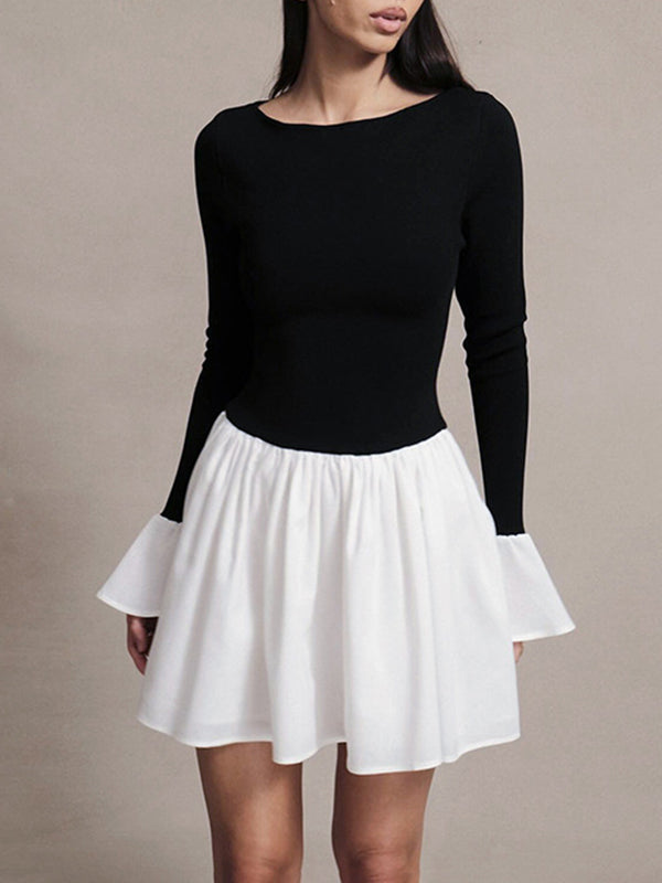 Contrast Color Pleated Split-Joint A-Line Flared Sleeves Round-Neck Mini Dresses