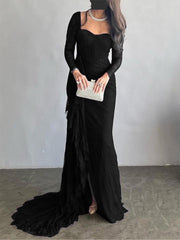 Mesh See-Through Split-side Long Sleeves Mermaid Square-neck Maxi Dresses Evening Dresses