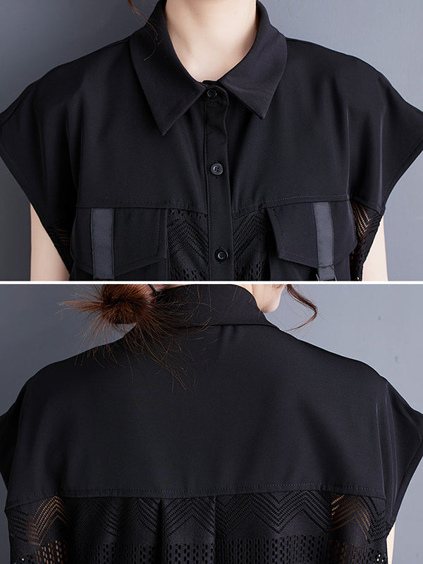 Gauze Pockets Split-Joint Tasseled Short Sleeves Lapel Midi Dresses