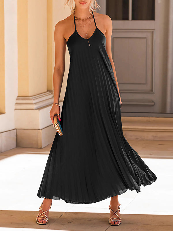 Backless Pleated Solid Color Tied A-Line Loose Spaghetti-Neck Maxi Dresses