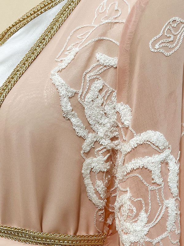 Vacation Loose Long Sleeves Embroidered Solid Color Round-Neck Dress