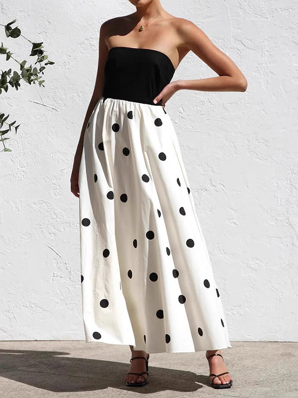 Polka Dots Printed Color-Block Sleeveless Tube Elegant Maxi Dresses