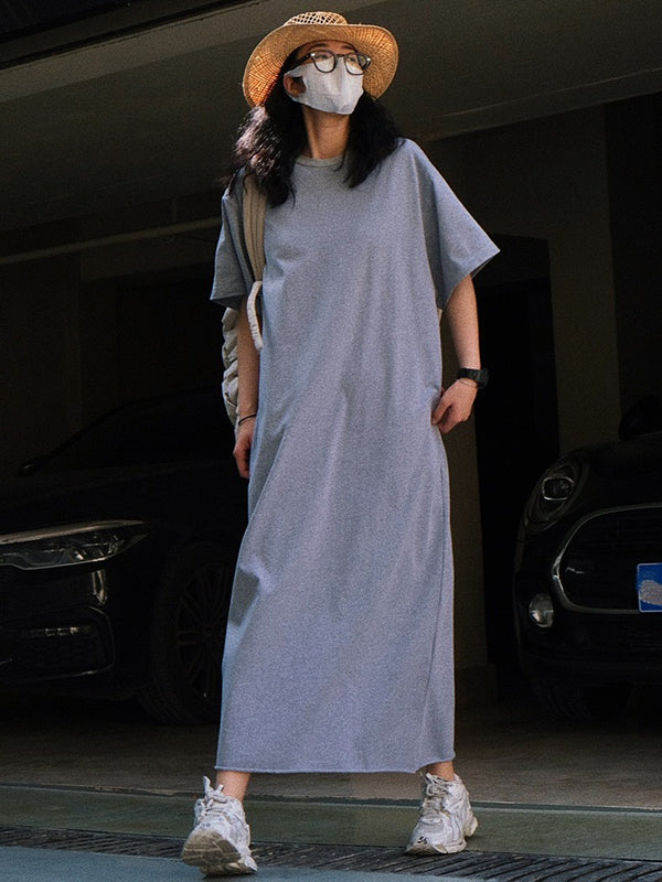 Casual Short Sleeves Solid Color Round-Neck Maxi Dress