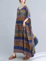 Batwing Sleeves Raglan Sleeve Printed Striped Round-Neck Midi Dresses