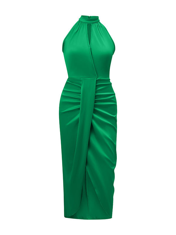 Hollow Pleated Solid Color Split-Joint Loose Sleeveless Stand Collar Midi Dresses