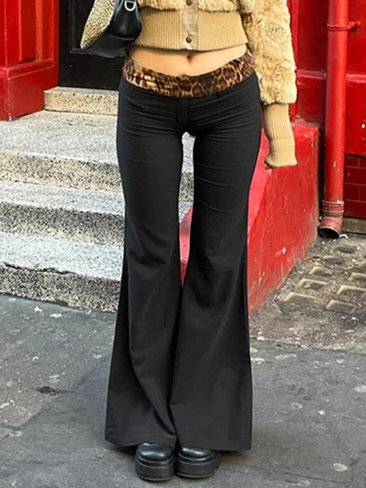 Leopard Splice Elastic Waist Flare Leg Pants