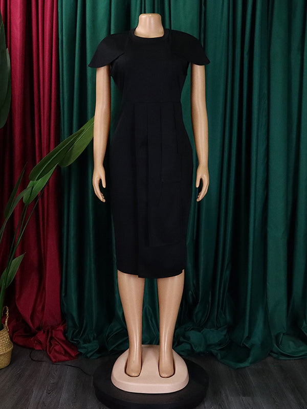 Pleated Solid Color Split-back Split-front Split-Joint Short Sleeves Skinny Round-neck Midi Dresses