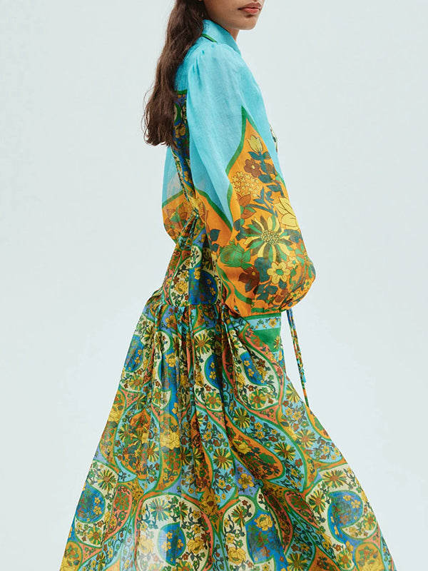 Floral Print Long Sleeves Ruffled Maxi Dresses