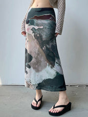 Vintage Graphic Printed Low Waist Long Skirt