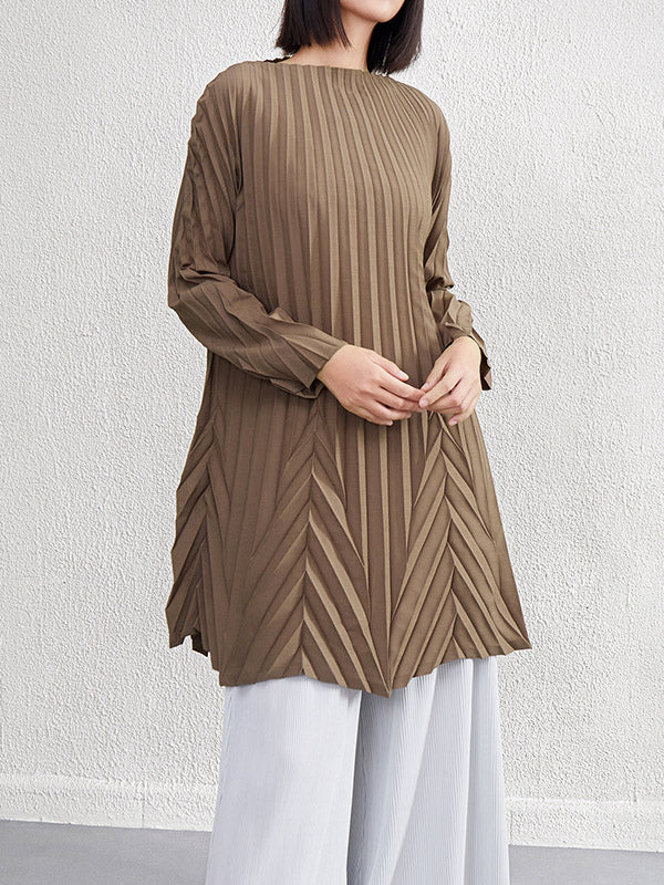 Pleated Solid Color A-Line Long Sleeves Round-Neck Mini Dresses