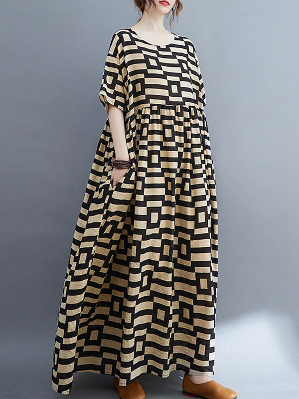 Plaid Loose Short Sleeves Round-Neck Midi Dresses
