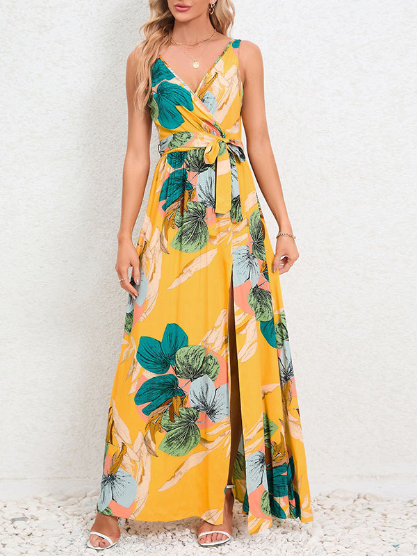 Flower Print Pleated Split-Front Tied Waist A-Line Loose V-Neck Maxi Dresses