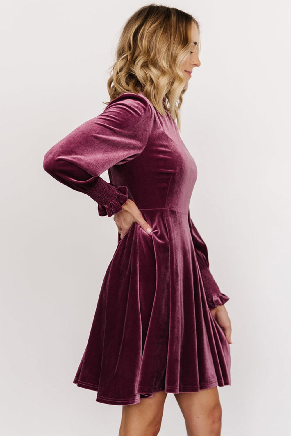 Burgundy Long Sleeve Dress Smocked High Neck Flounce Sleeve Velvet Dre