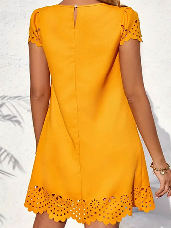 Hollow Pleated Solid Color Split-Joint Loose Short Sleeves Round-Neck Mini Dresses