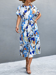 Hollow Printed Tied Waist A-Line Loose Round-Neck Midi Dresses