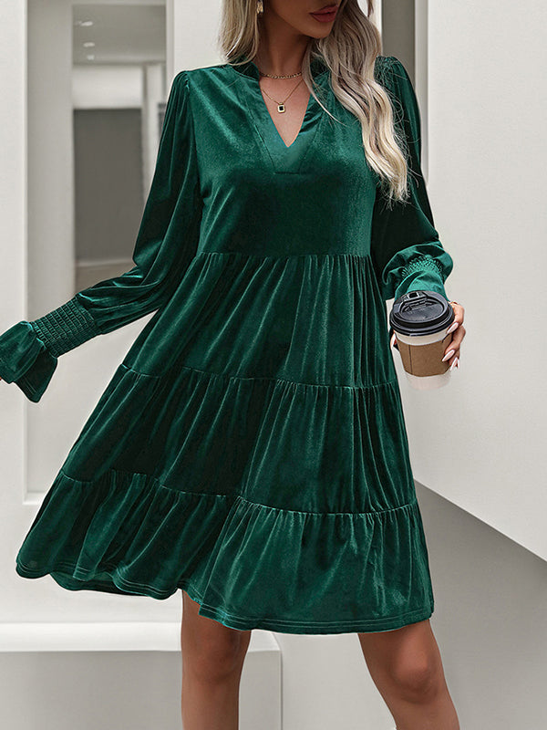 Pleated Solid Color Velvet A-Line Long Sleeves V-Neck Mini Dresses
