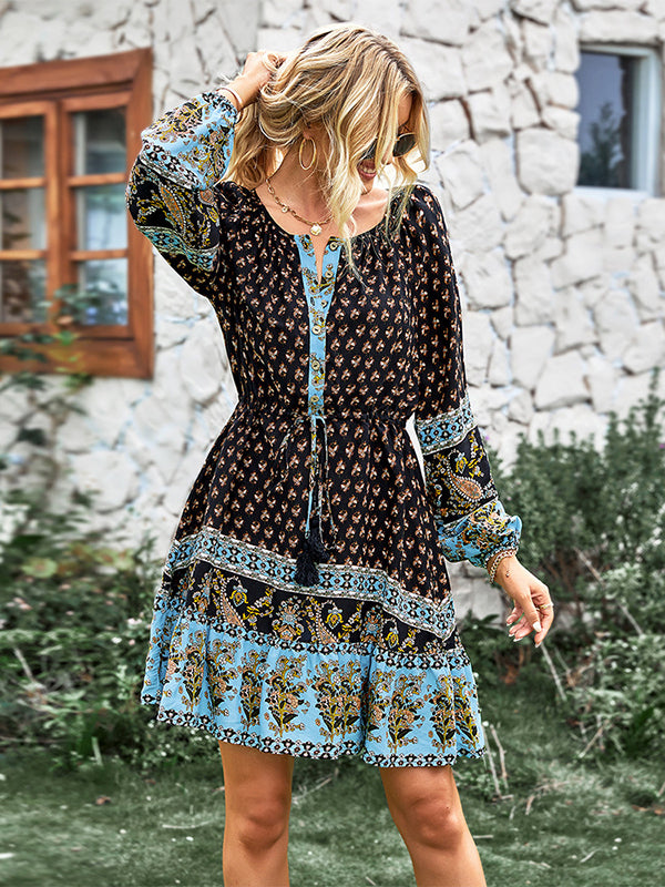 Bohemia A-Line Floral Printed V-Neck Dress