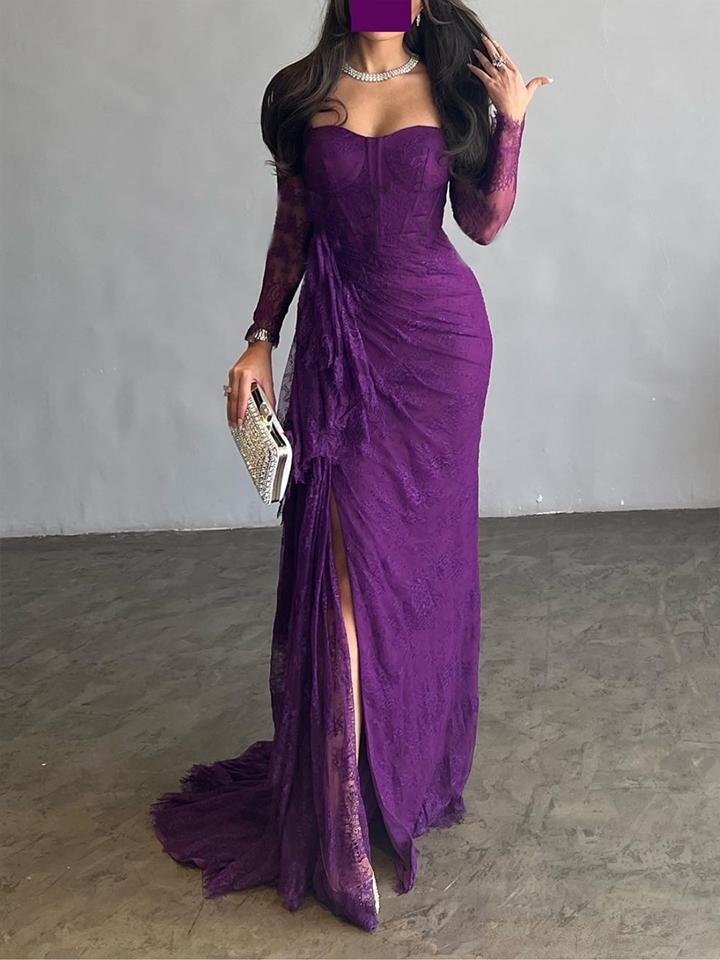 Mesh See-Through Split-side Long Sleeves Mermaid Square-neck Maxi Dresses Evening Dresses
