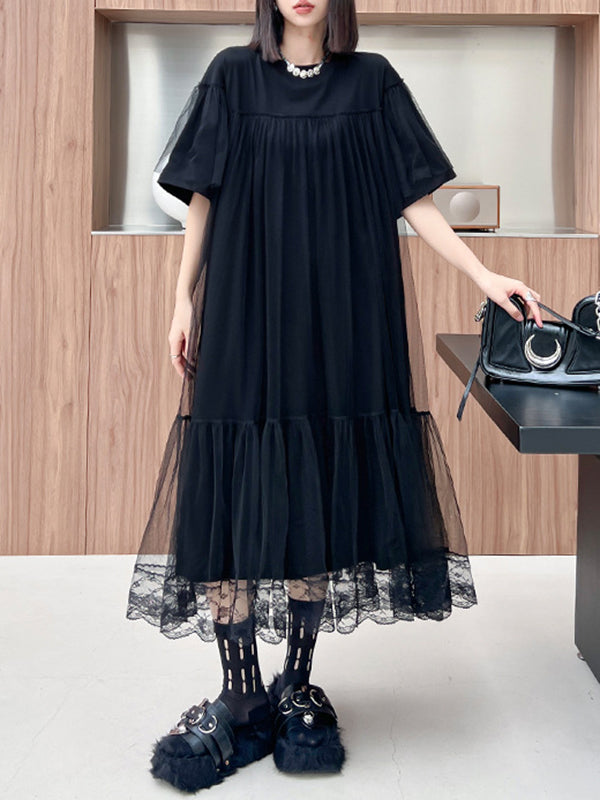 Gauze Pleated Solid Color Split-Joint Tiered Fake Two-Piece Loose Round-Neck Midi Dresses
