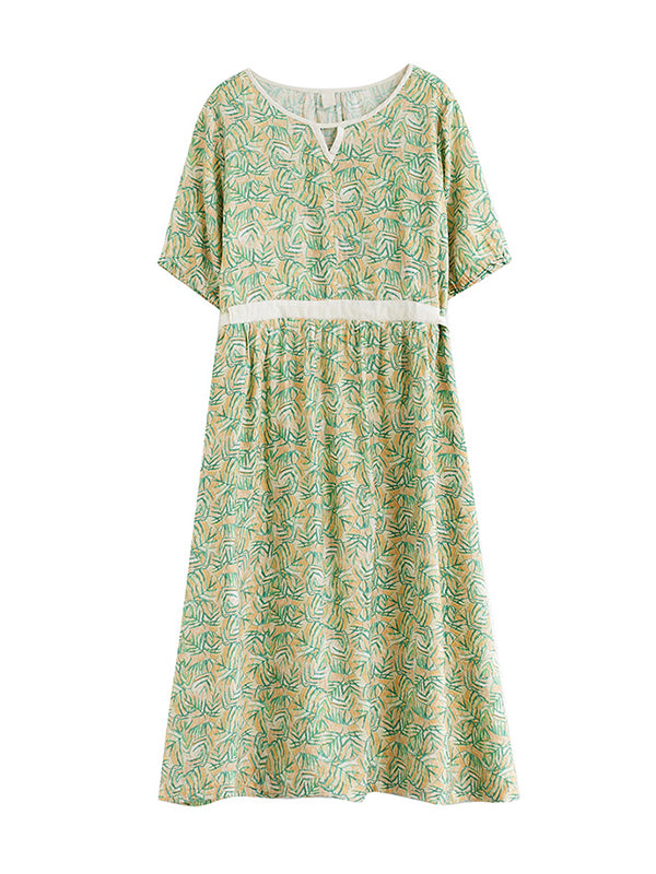 Hollow Pleated Printed Split-Joint Loose Short Sleeves Round-Neck Midi Dresses