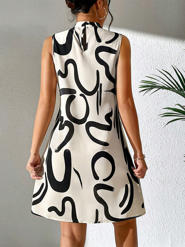 Contrast Color Printed A-line Sleeveless Mini Dresses