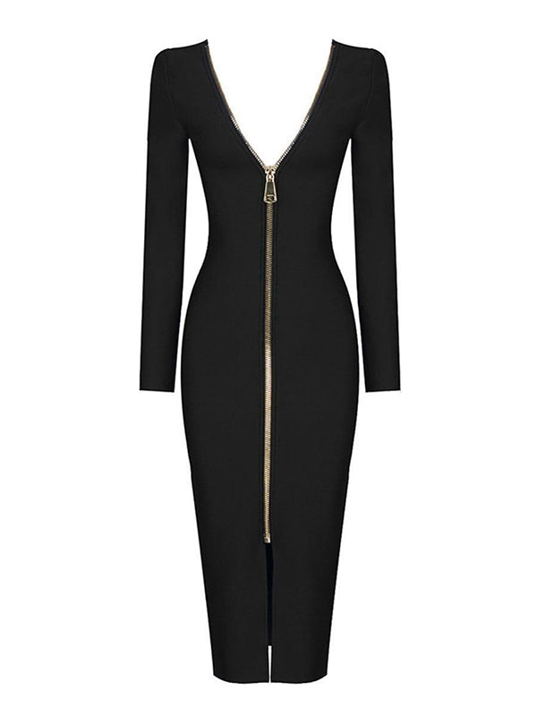 Plunge Reversible Bandage Midi Dress In Black