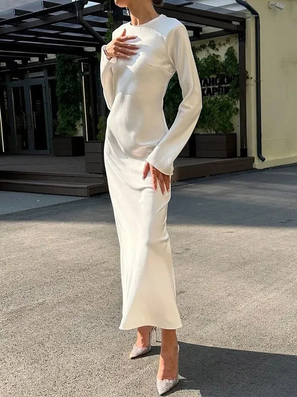 Solid Color A-Line High Waisted Round-Neck Maxi Dresses