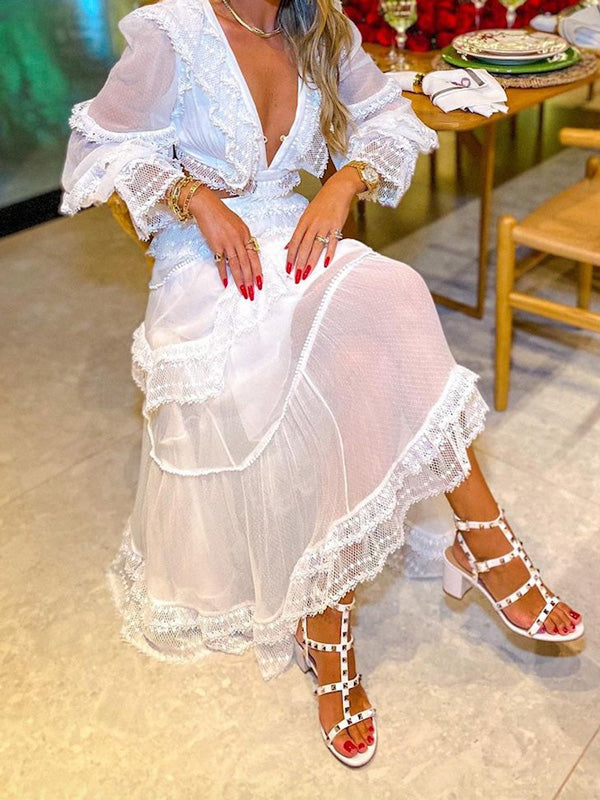 Gauze Empire Plunging Long Sleeves Midi Dress