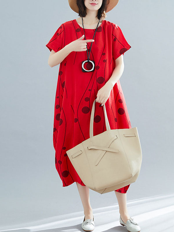 Printed Loose Short Sleeves Round-neck Midi Dresses