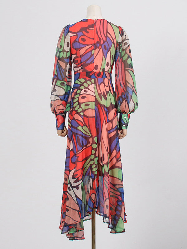 Buttoned Printed Split-Joint High Waisted Long Sleeves V-Neck Midi Dresses