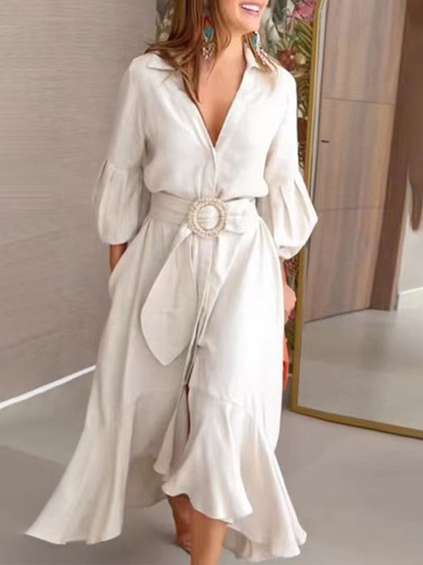 Pleated Solid Color High-Low Puff Sleeves Lapel Collar Maxi Dresses
