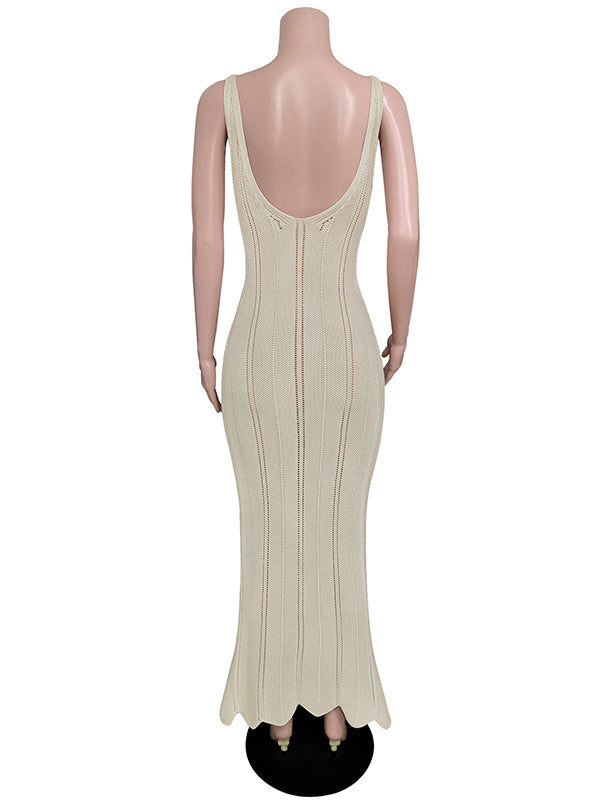 Backless Hollow See-Through Solid Color Split-Joint Skinny Sleeveless Wide Straps Maxi Dresses