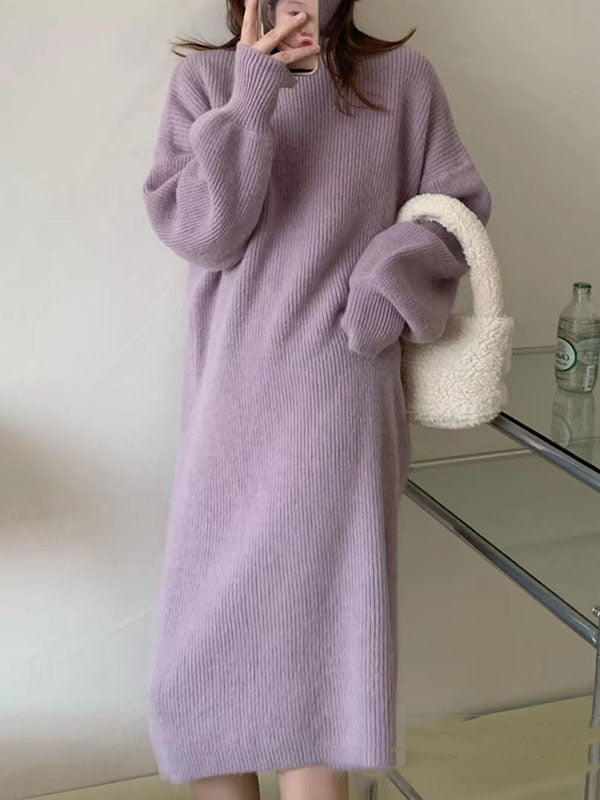 Solid Color Long Sleeves Loose High Neck Sweater Dresses Midi Dresses