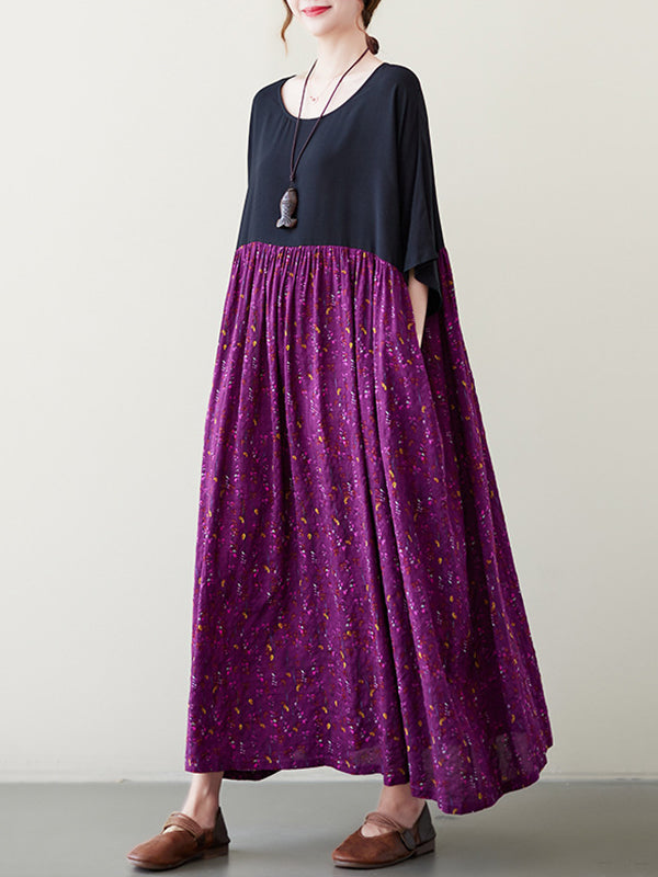 Artistic Retro Loose Half Sleeves Floral Printed Contrast Color Pleated Split-Joint Midi Dresses