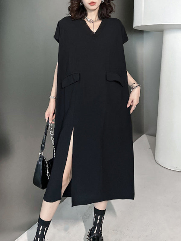 Asymmetric Solid Color Split-Joint Split-Side Loose Short Sleeves V-Neck Midi Dresses
