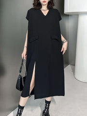 Asymmetric Solid Color Split-Joint Split-Side Loose Short Sleeves V-Neck Midi Dresses